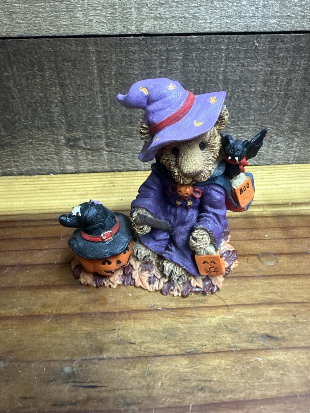 Halloween Trick or Treat Bear Wizard with Pumpkins and Bat Resin Figurine 4"